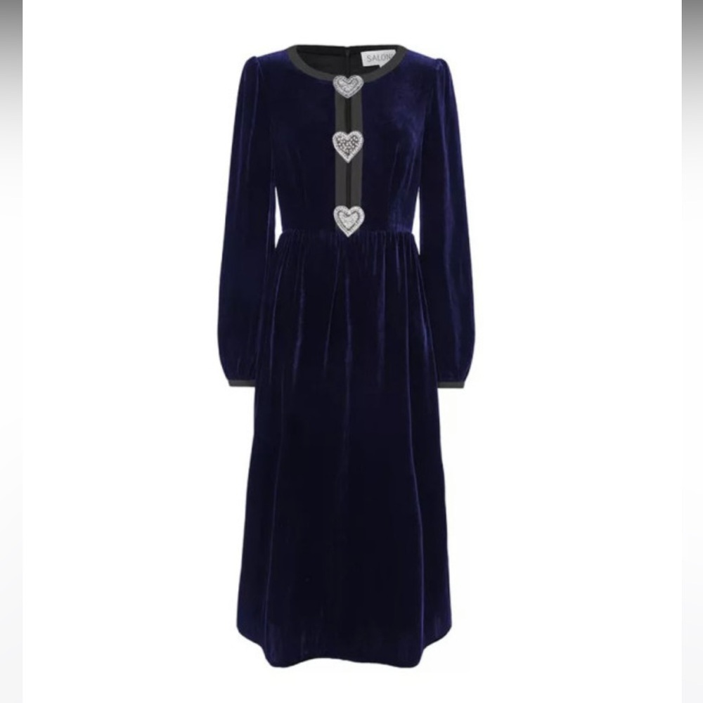 SALONI Camille Navy Blue Velvet Midi Dress with Hearts